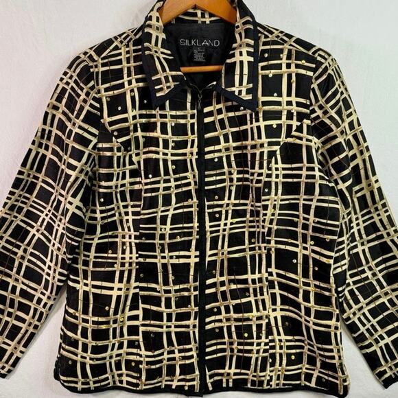 100% Silk Zip-Up Blouse Women's Large Abstract Black/Beige Print Vintage - Picture 8 of 9